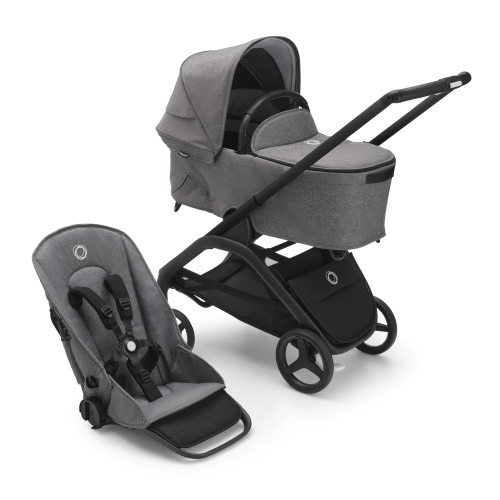 Bugaboo Dragonfly bassinet and seat stroller black base, grey melange fabrics, grey melange sun canopy