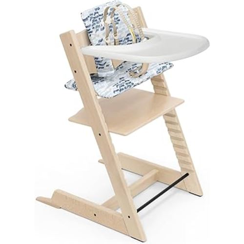 Tripp Trapp High Chair and Cushion with Stokke Tray - Natural with Waves Blue - Adjustable, Convertible, All-in-One High Chair for Babies & Toddlers