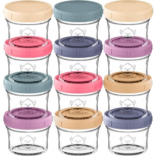KeaBabies 12pk 4oz Glass Baby Food Containers with Lids - Leak-Proof, Microwavable Small Glass Jars, Baby Purees & Toddler Snack Storage Containers, BPA-Free, Dishwasher & Freezer Safe (Sunset)