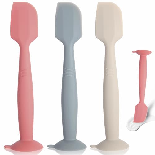 MAIKKB Butt Paste Spatula Diaper Spatula 3 Pack Baby Diaper Cream Spatula Soft Silicone Diaper Paste Spatula,Diaper Cream Applicator Butt Paste Spatula with Suction Base Full Size(Gray+Off-white+Red)