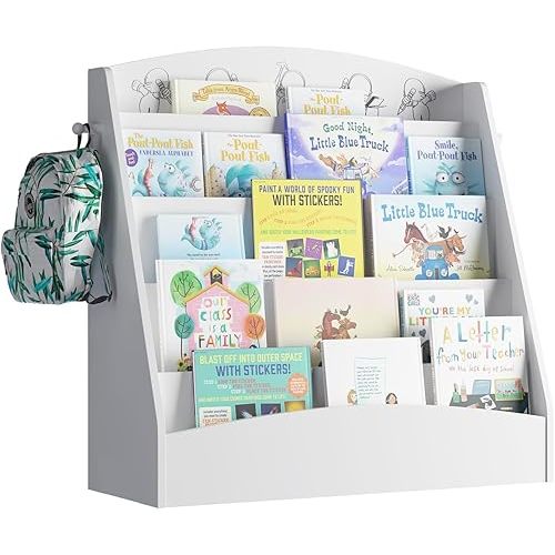 5-Tier Kids Bookshelf Montessori Toddler Book Rack Baby Bookcase Floor Front Facing Magazine Display Shelf for Bedroom Playroom Nursery Classroom Kindergarten Wood (White)