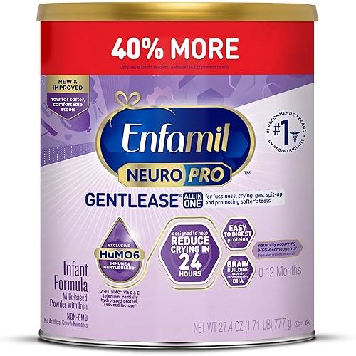 Enfamil NeuroPro Gentlease Baby Formula, Brain Building DHA, HuMO6 Immune Blend, Designed to Reduce Fussiness, Crying, Gas & Spit-up in 24 Hrs, Prebiotics to Promote Softer Stools, Baby Milk, 27.4 Oz