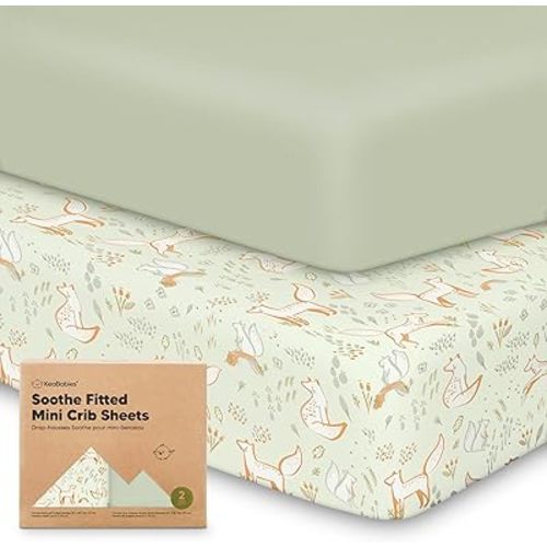 2-Pack Mini Crib Sheets Fitted, Pack and Play Sheets - Organic Cotton Pack N Play Sheets for Pack and Play Mattress, Playard Baby Crib Sheets, Jersey Crib Sheets Neutral for Boys, Girls (Foxtrot)