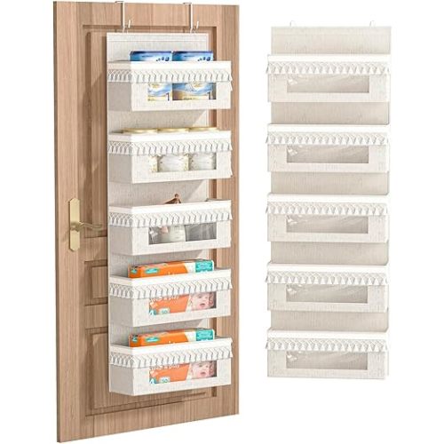 Aokeyee 5 Shelf Over The Door Organizer Nursery, Boho Closet Hanging Organizer Storage with Tassels and Clear Window, Behind The Door Storage for Baby Nursery, Bedroom, Bathroom, Laundry, Pantry