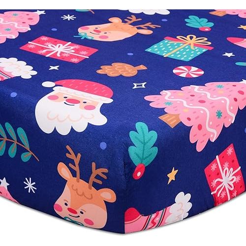 Christmas Crib Sheet, Fitted Crib Sheet with Christmas Tree, Elk, Stocking, Santa Claus, Measuring 52'' x 28'' to fit Standard Crib & Toddler Mattresses, Purple