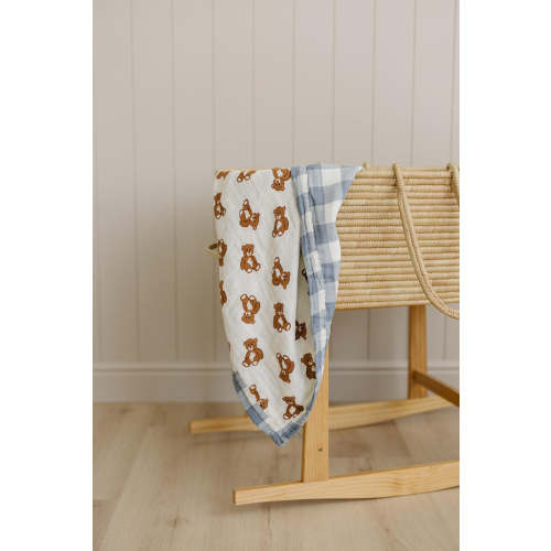 Dusty Blue Gingham + Teddy Bear Muslin Quilt  | 100% Cotton | Baby Essentials