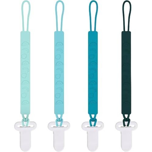 One Piece Design Silicone Pacifier Clip Holder for Baby Boys and Girls,Pack of 4 Flexible Paci Leash,Binky Clips,Newborn Essentials (Fruits, Green)