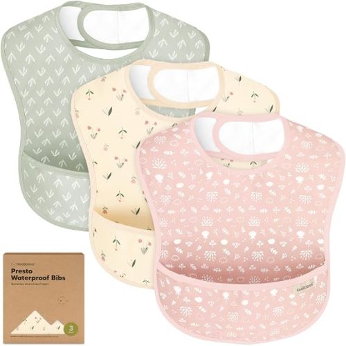 KeaBabies 3-Pack Waterproof Baby Bibs for Eating, Lightweight (Fleur) | Toddler Feeding Bibs with Large Food Catcher, Mess Proof, Food-Grade, Baby Eating Essentials, Easy to Put On & Clean