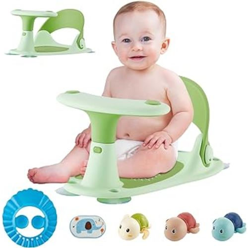 Baby Bath Seat [Original] – 3 Bath Toys + Shower Cap + Bath Brush + Thermometer – 4 Anti-Slip Suction Cups – Soft Silicone Cushion – Foldable Design – Ideal Gift for Infants 6-36 Months! (Green)