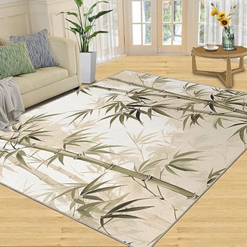 Bamboo Print Area Rugs 5x8, Asian Vintage Rugs for Living Room, Japanese Ink Painting Easy Cleaning Rugs, Brown Cream Washable Non Slip Floor Carpet for Bedroom