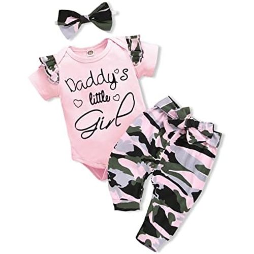 AMAWMW Baby Girl Clothes Set Daddys Little Girl Ruffle Romper Top Camouflage Pants Newborn Infant Baby Girl Outfit