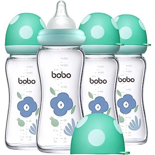 YOHKOH Natural Glass Baby Bottle with Natural Response Nipple, Newborn Anti-Colic Baby Bottles, Wide Neck Mushroom Cap Baby Bottle, Clear (Blue, (8.8oz (Pack of 4))
