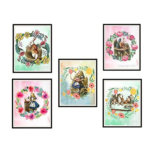 John Tenniel's Vintage Alice Art Print Set of 5 Wonderland Poster Wall Decor, 8 x 10" Unframed Printed Art Reproductions, White Rabbit, Alice, Tea Party, Original Nursery Print