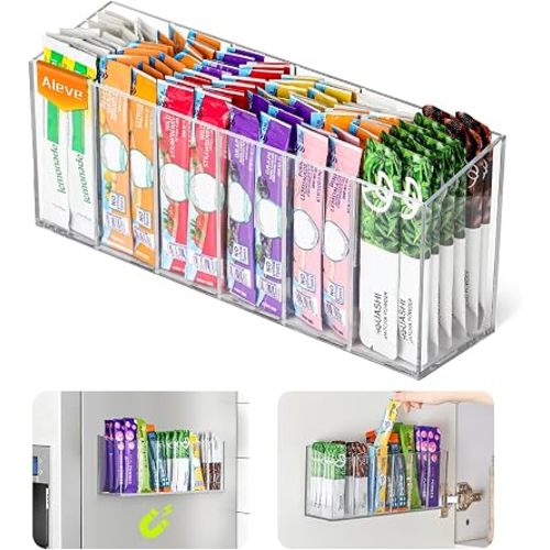 AIEVE Drink Packet Organizer, Mountable Water Packet Organization Holder with Adhesive & Magnetic Sticker, Pantry Organizers Kitchen Storage for Countertop Table Fridge Cabinet
