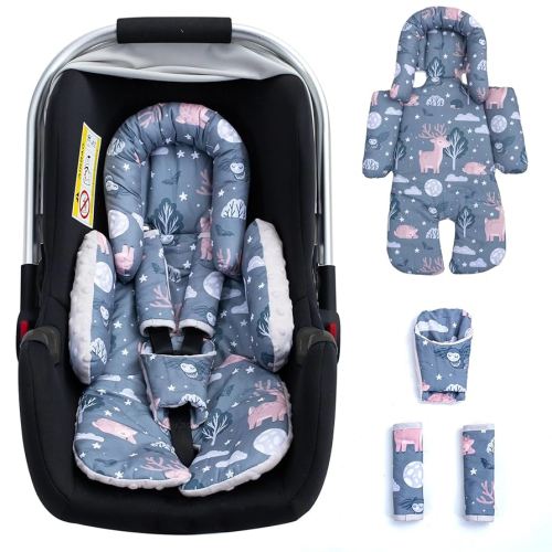 2-1 Thickened Carseat Head & Body Support for Infant, Mink Newborn Car Seat Insert with Strap Pads Protector, Adjustable Infant Car Seat Head Support for Girls Boys, Travel Car Seat Cushion for Baby