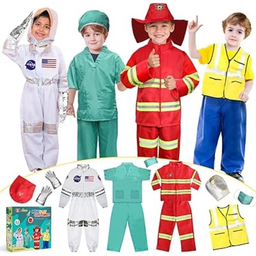 LOYO Kids Role Play Dress Up Clothes for 3-8 Years Old Play, 4 Sets Astronaut/Doctor/Fireman/Construction Costume for Kids And Toddlers Boys Halloween Costumes