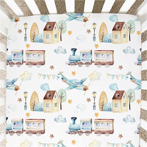 Buttery Soft Rayon Baby Crib Sheets Girl and Boy - Infant Shower Gift - Standard Crib Sheets - Fitted & Breathable Crib Mattress Sheet - Toddler Sheet (Airplane & Train)