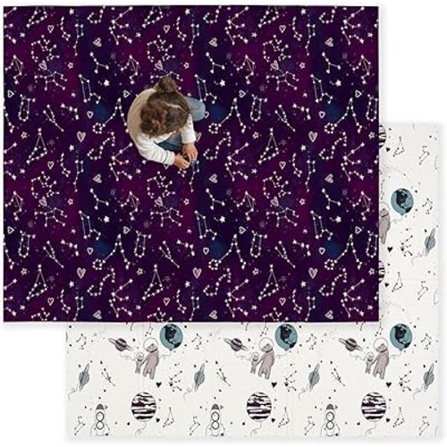 JumpOff Jo Baby Play Mat - Large Folding Foam Play Mat for Infants, Babies, Toddlers, Waterproof, Double-sided (70" x 59") - Pink Space Bears