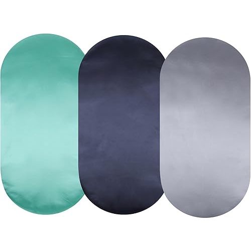 Satin Bassinet Sheet 3 Pack Great for Baby Hair Soft Silk Feeling Snug Fitted Cradle Sheets, for Oval Rectangle Hourglass Bassinet Mattress, Unisex Boy Girl, Green/Navy/Grey