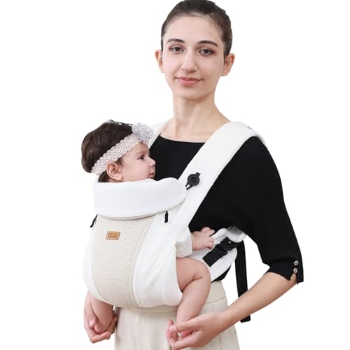 CUBY Baby Carrier Newborn to Toddler - Breathable & Adjustable Ergonomic Front Carriers with Head Support and Sunshield, Hands-Free Newborn Carrier Hold up to 40lbs (White, Classic-with Inner Crotch)