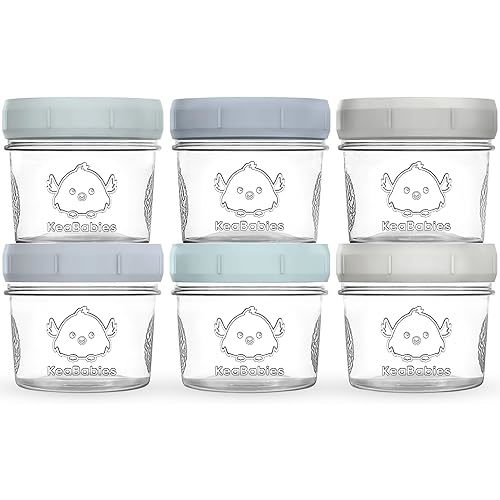 KeaBabies 6pk 4oz Glass Baby Food Containers with Lids - Leak-Proof, Microwavable Small Glass Jars, Baby Purees & Toddler Snack Storage Containers, BPA-Free, Dishwasher & Freezer Safe(Slate)