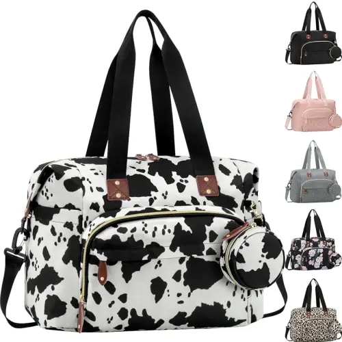 Diaper Bag Tote, Baby Bag Travel Diaper Tote Bag with Pacifier Case, Cute Maternity Hospital Baby Stylish Diaper Tote for Mom Dad Cow Print