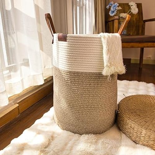 Woven Cotton Rope Laundry Hamper Basket,58L Large Dirty Clothes Hamper with Leather Handle, Blankets in Bathroom,Nursery,Living Room,and Bedroom