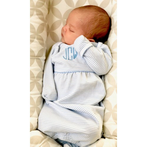 Pima Cotton Yoke Baby Gowns-Blue Srtriped-Personalized Baby Gowns-Pima Cotton Baby-Coming Home Outfit- Take Home Outfit