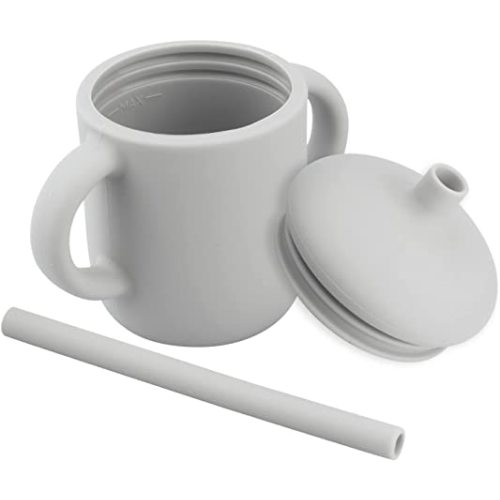 Baby Trainer Cup, Silicone Training Cup with Handles Lid and Straw, BPA-Free, Unbreakable, Spill Proof and Non-Slip Handles Sippy Cup for Toddlers, 5 oz (Suva Gray)