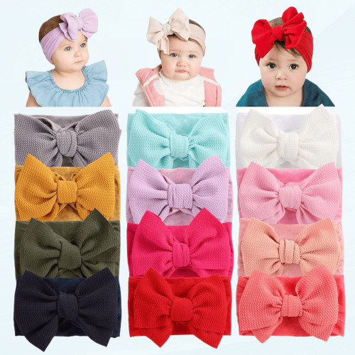12 Pack Oversized Colorful Solid Stretchy Nylon Headbands with Big Bow Large Knot Hair Bows Soft Elastic Hair Bands Hair Accessories Wide Headwraps for Newborn Baby Girls Infants Toddlers Kids