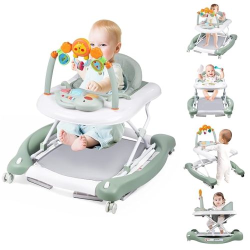 Baby Walker, 5-in-1 Baby Walkers for Boys and Girls 6-12 Months with Bouncer, Removable Footrest, Feeding Tray & Music, Foldable & Adjustable Activity Walker for 6-18 Months Toddler Infant