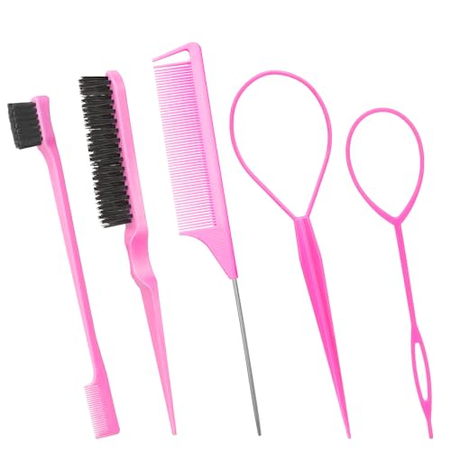 Generic 5Pcs Pink Hair Brushes & Tools Set: Topsy Tail, Edge, Bristle Brush, Rat Tail Comb, Slick Back Brush for Women & Girls' Hair Styling