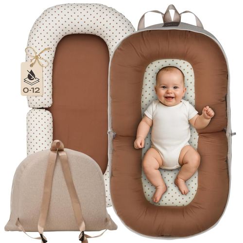 100% Cotton Reversible Baby Lounger Nest, Adjustable Infant Lounger Pillow 0–12 Months with Removable Washable Cover, Mosquito Net & Fold-and-Go Backpack-Style Portability, Co-Sleeper Travel Bed