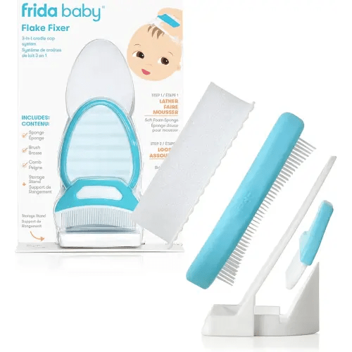 Frida Baby The 3-Step Cradle Cap System Kit & Cradle Cap Treatment, DermaFrida The FlakeFixer, Sponge, Brush, Comb and Storage Stand for Babies with Cradle Cap, White-Blue