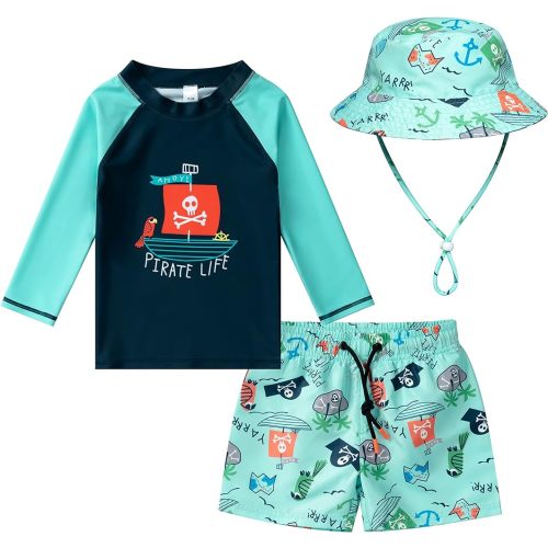 Toddlers and Baby Boys' 3-Piece Swimsuit Trunk Rashguard Set and Sun Hat Swimwear Bathing Suit Sunsuit Swim Shirt UPF 50+