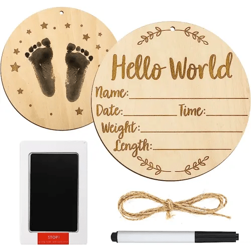 Baby Announcement Sign, 5.9 Inch Round Baby Nursery Name Signs with Ink Pad for Baby Hand and Footprints Wooden Hello World Newborn Sign for Photo Prop