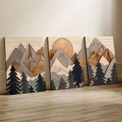 Paaaawaters 3pcs Wood Frame Wooden mountain murals, rural wood effect art, forest art Painting, Creative print 12*8inch
