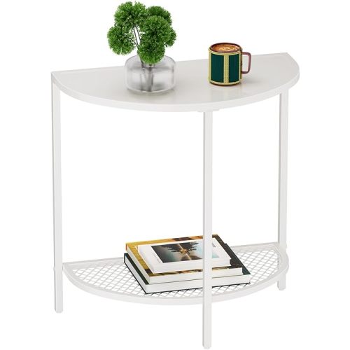 SAYGOER White End Table 19.7'' Half Moon Side Table Small Bed Side Tables 18.7"*10.4" Night Stand for Living Bed Room 2 Tier Bed Couch Tables with Storage Shelf,Adjustable Feet, All White