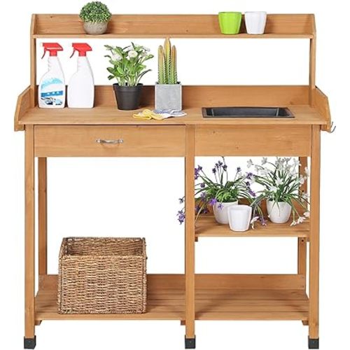 Topeakmart 45.2x17.7x47.6'' (LxWxH) Potting Benches Outdoor Garden Potting Table Work Bench with Removable Sink Drawer Rack Shelves Work Station, Wood