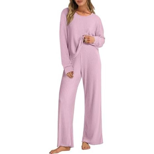 ANRABESS Women 2 Piece Lounge Pajamas Sets Casual Ribbed Knit Long Sleeve Top Pants Matching Set 2025 Fall Outfits Clothes
