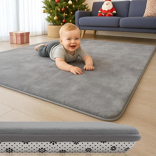 50X 50 Thick Padded Baby Floor Play Mat 1.2" Cushioned Velvet Surface Non Slip Bottom High Density Foam Safe and Soft Floor Mat for Infants Toddlers and Playpen Use,Gray
