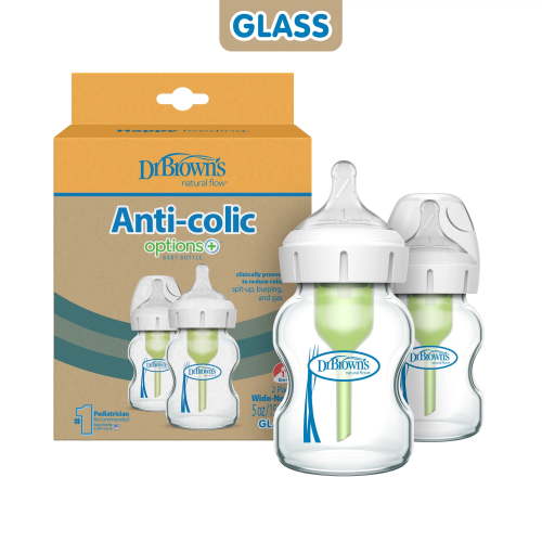 Dr. Brown's Anti-Colic Options+ Wide-Neck Glass Baby Bottle, 5oz, Slow Flow Nipple, BPA Free, 0m+, 2-Pack