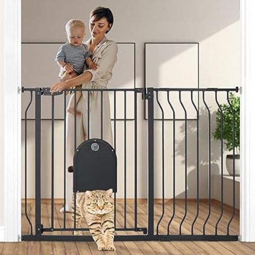 COMOMY 29.5-48.4" Baby Gate with Adjustable Cat Door,Extra Wide Metal Cat Gate for Stairs Doorways, Auto Close Dog Gate with Pet Door for House, Pressure Mounted Easy Walk Through (30" Tall, Black)