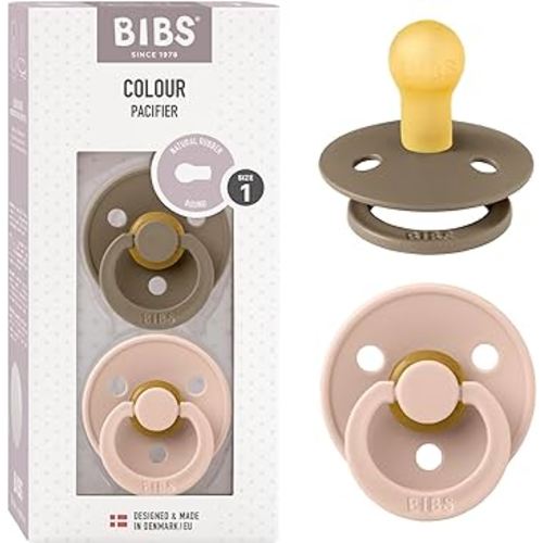 BIBS Pacifiers | Natural Rubber Baby Pacifier | Set of 2 BPA-Free Soothers | Made in Denmark | Blush/Dark Oak | Size 0-6 Months