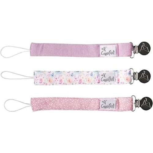 Copper Pearl Premium Knit Pacifier Clips 3-Pack: Stylish Stainless Steel Holders for Baby Girls and Boys - Prevents Floor Drops - Bloom Design