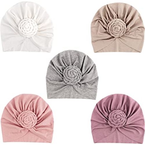 DRESHOW BQUBO 5 Pieces Baby Turban Hats Turban Bun Knot Baby Infant Beanie Baby Girl Soft Cute Toddler Cap