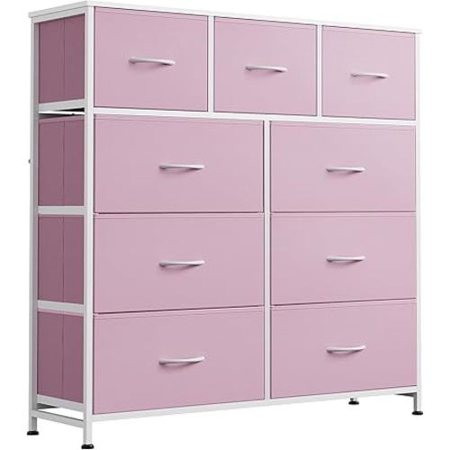 WLIVE 9 Drawer Dresser, Fabric Storage Tower for Bedroom, Hallway, Closet, Tall Chest Organizer Unit for Bedroom with Fabric Bins, Steel Frame, Wood Top, Easy Pull Handle, A-Pink