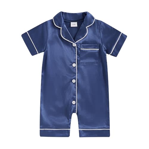 Multitrust Newborn Baby Boy Girl Silk Pajamas Short Sleeve Button Up Satin Pjs One Piece Romper Onesie Shorts Baby Sleepwears