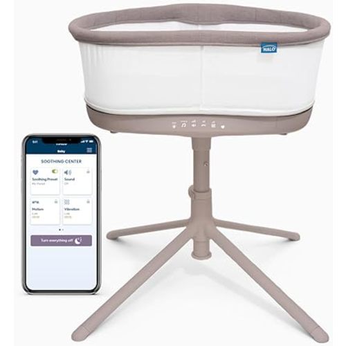 HALO BassiNest Connected Swivel Sleeper 3.0 – Smart Bassinet with AutoSoothe™, 360° Swivel, Cry Detection, Rocking, Vibration & Soothing Sounds, Easy Lowering Wall, Warm Grey