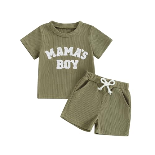 Kupretty Toddler Baby Boy Summer Clothes Embroiderey Waffle Knit Short Sleeve T-Shirt Tees + Casual Shorts Cute Clothing Set